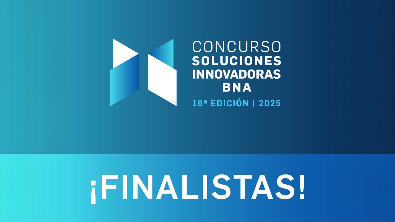 Blue gradient background with the logo of "Concurso Soluciones Innovadoras BNA, 16ª Edición 2025" above the text "¡FINALISTAS!".