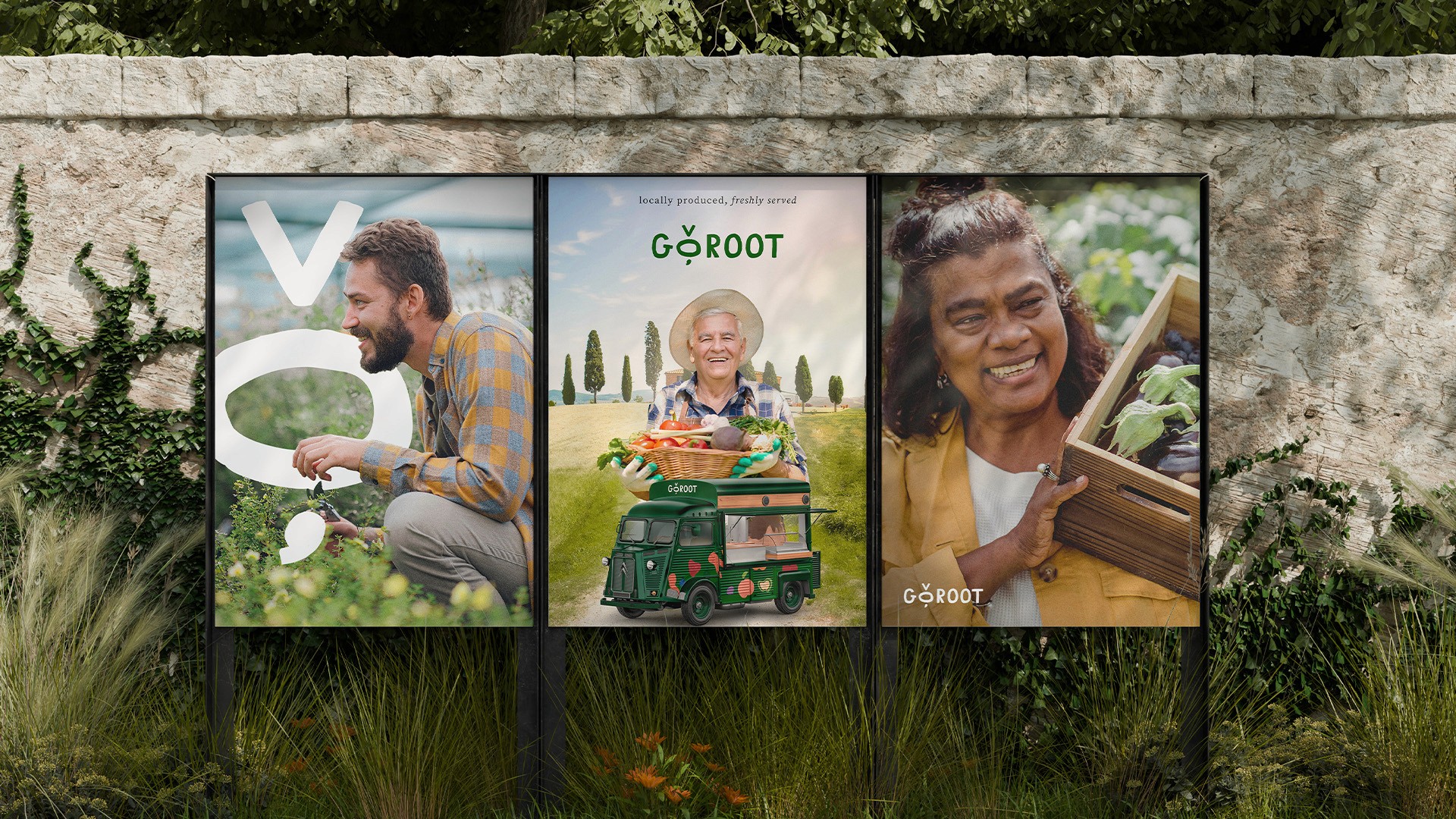 Three Goroot outdoor posters showing farmers with fresh vegetables in a garden setting