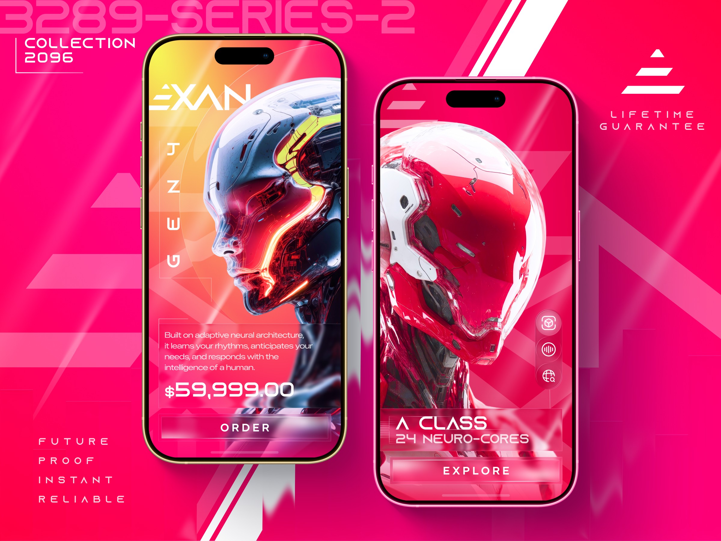 EXAN sci-fi product app concept — two iPhone mockups showing AI robot product detail and category screens, neon pink UI