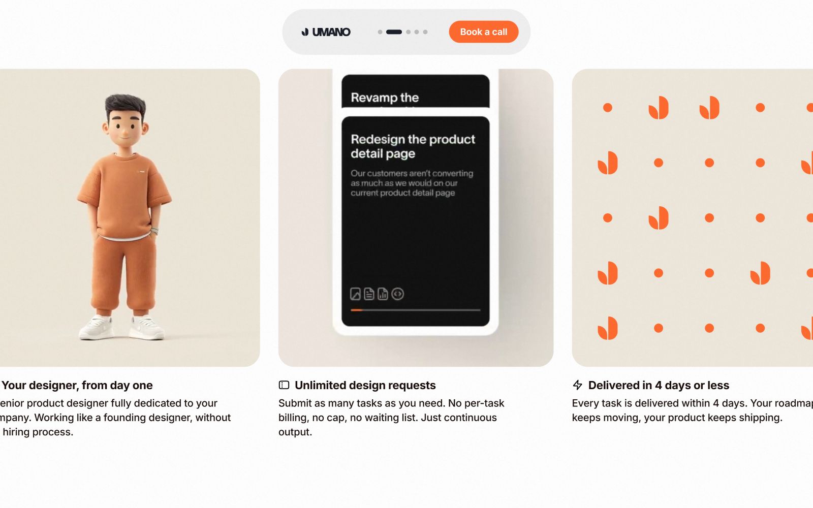 Cartoon character in orange outfit, phone with design request text, and pattern of orange shapes on beige background.