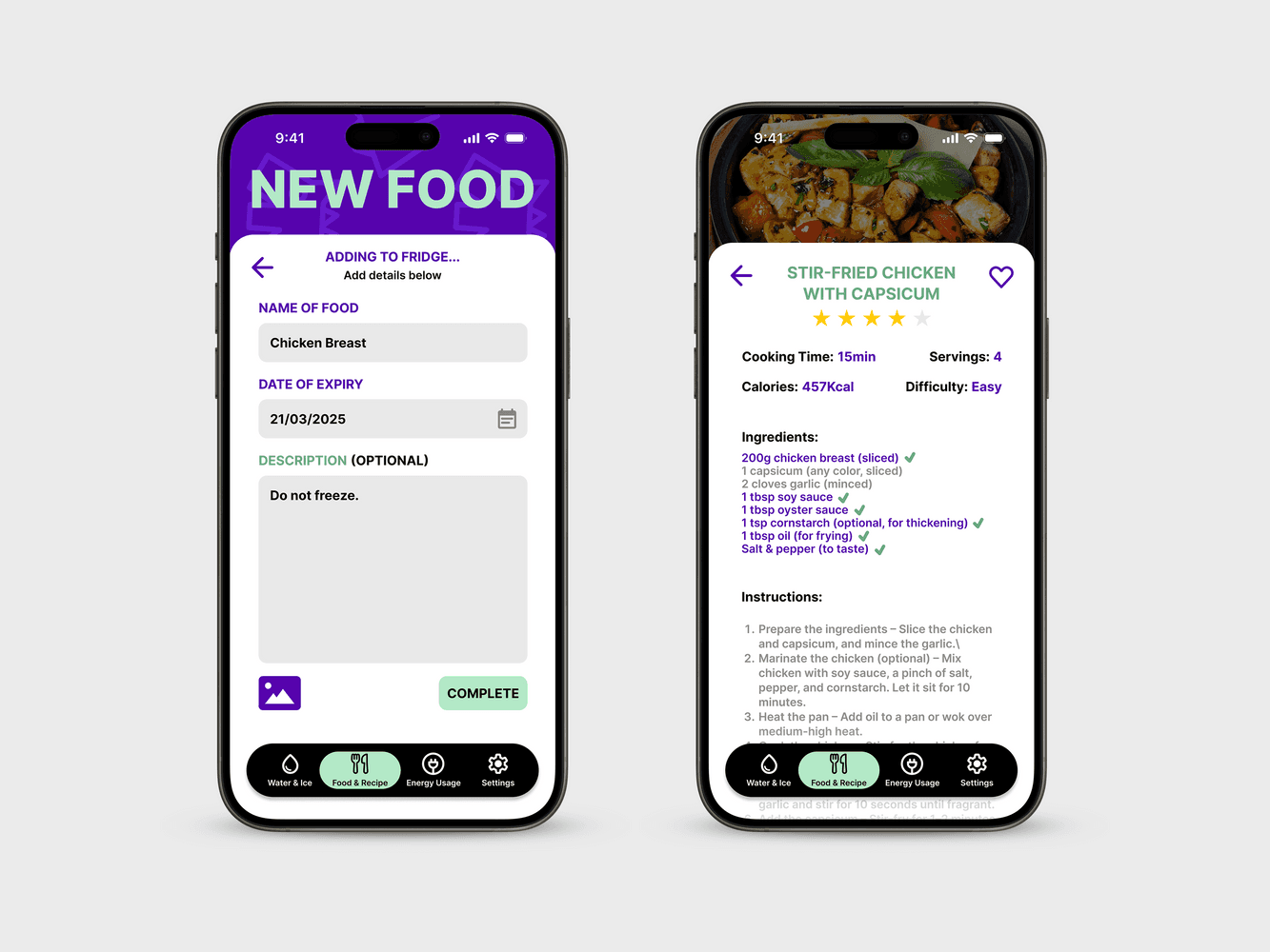 Two phones showing application screens to add new food and view recipes