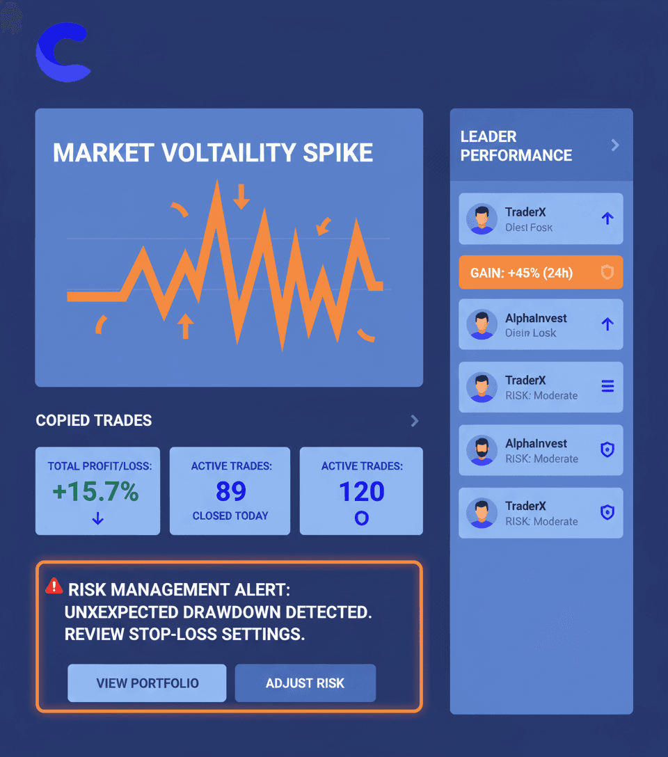 Copy trading dashboard: volatility spike, risk management, leader stats