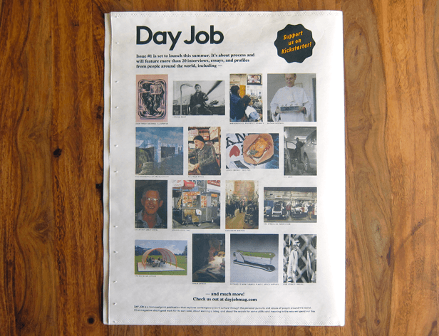 The cover of "Day Job Magazine" features a predominantly blue background with white brushstroke-like patterns. In the center, a man wearing glasses and a white garment holds a tray with four small containers. The issue number "N° One" is visible in the top left corner, and the text reads "Everyday Working Life — Part of the Process." A black circular stamp appears in the top right corner, surrounded by a white border.