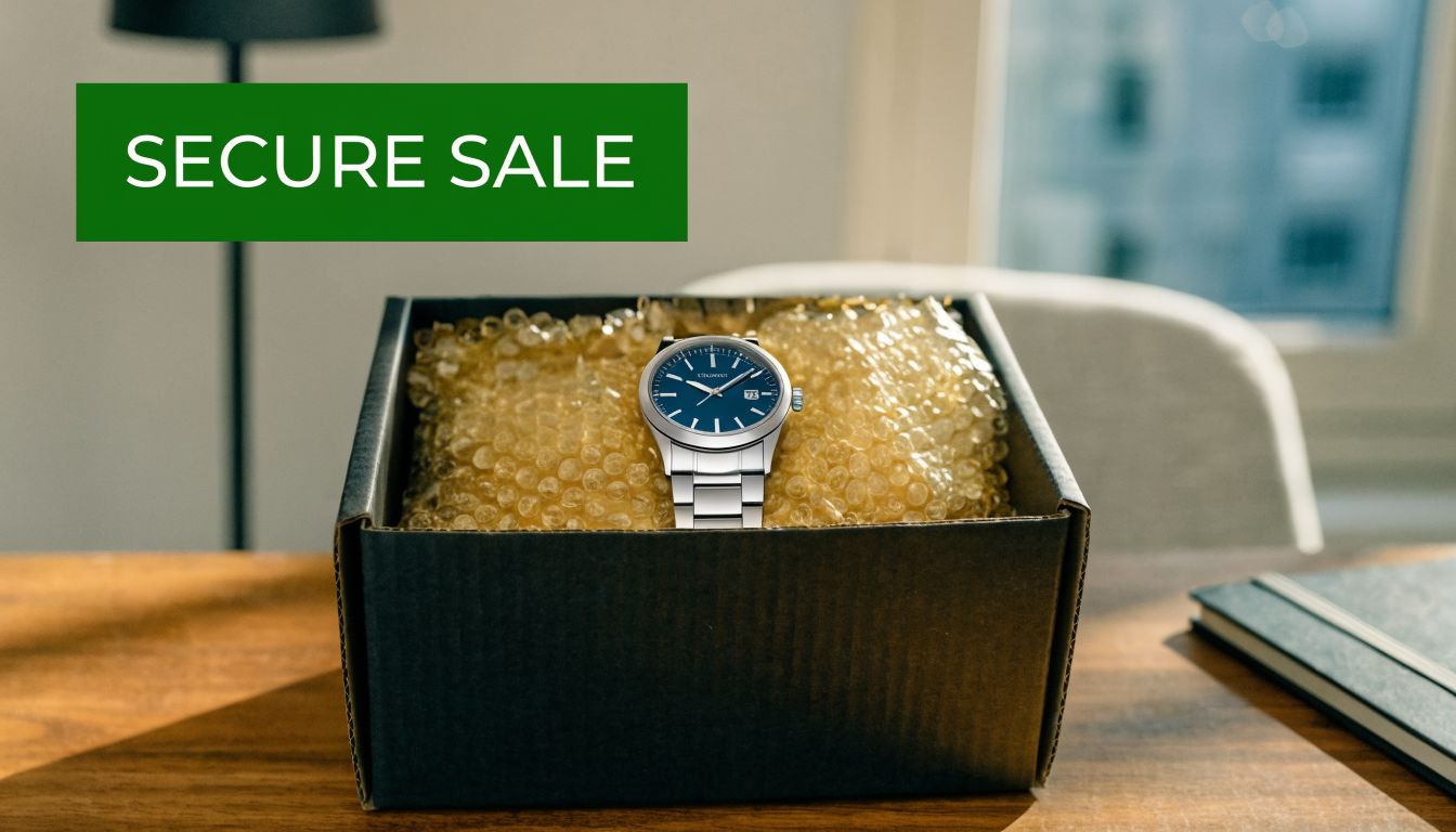A silver watch with a blue face sits inside a cardboard box filled with protective bubble wrap.