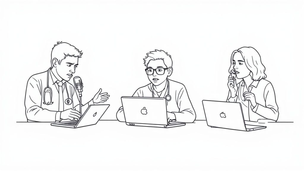 A doctor dictates notes into a tablet, showcasing a real-world use of voice recognition.