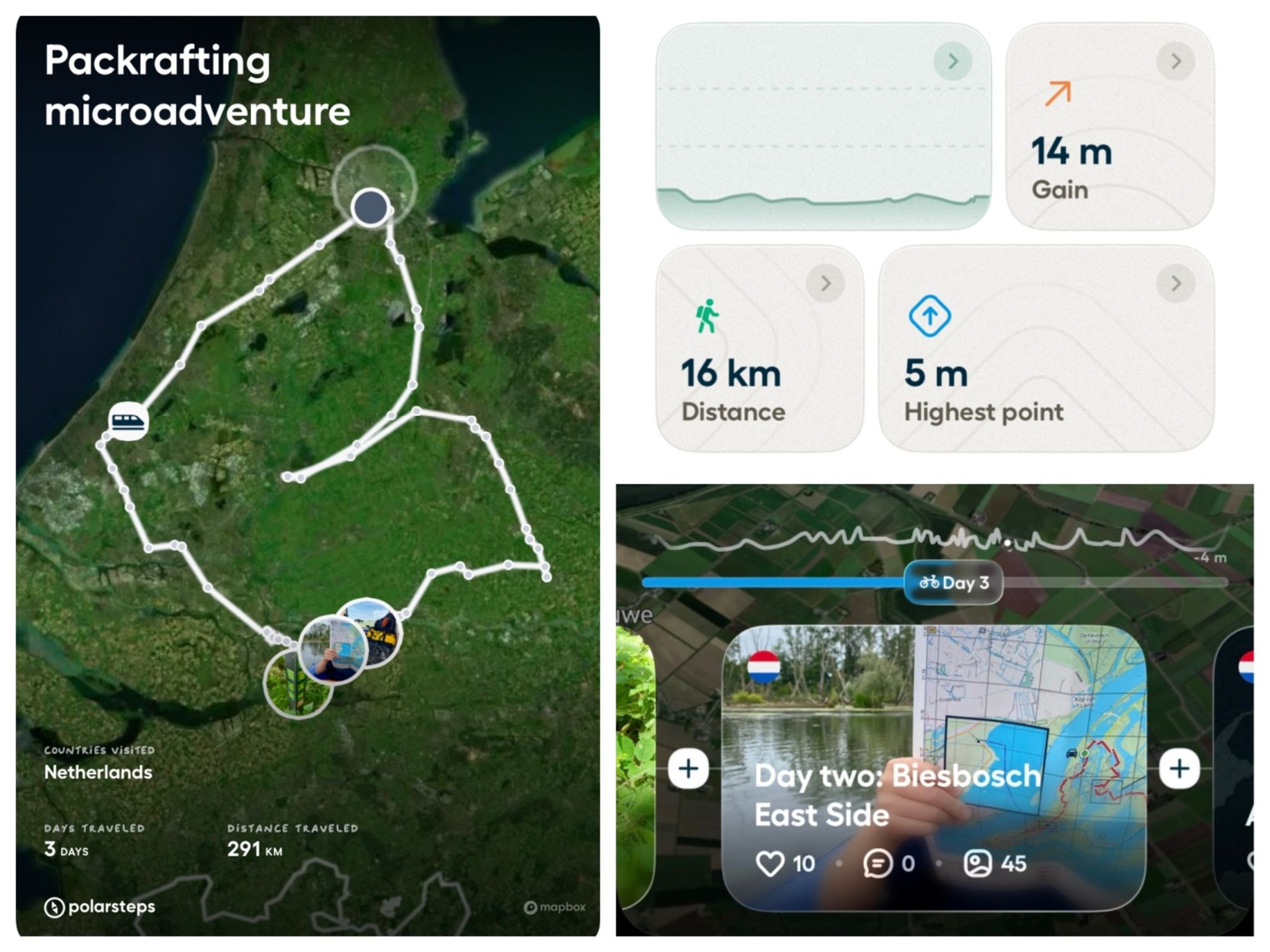 Three screenshots of the Polarsteps all-in-one travel app: an overview page; statistics from a trip; and the elevation tracker for a day spent in the Biesbosch (both features available with Polarsteps Plus)