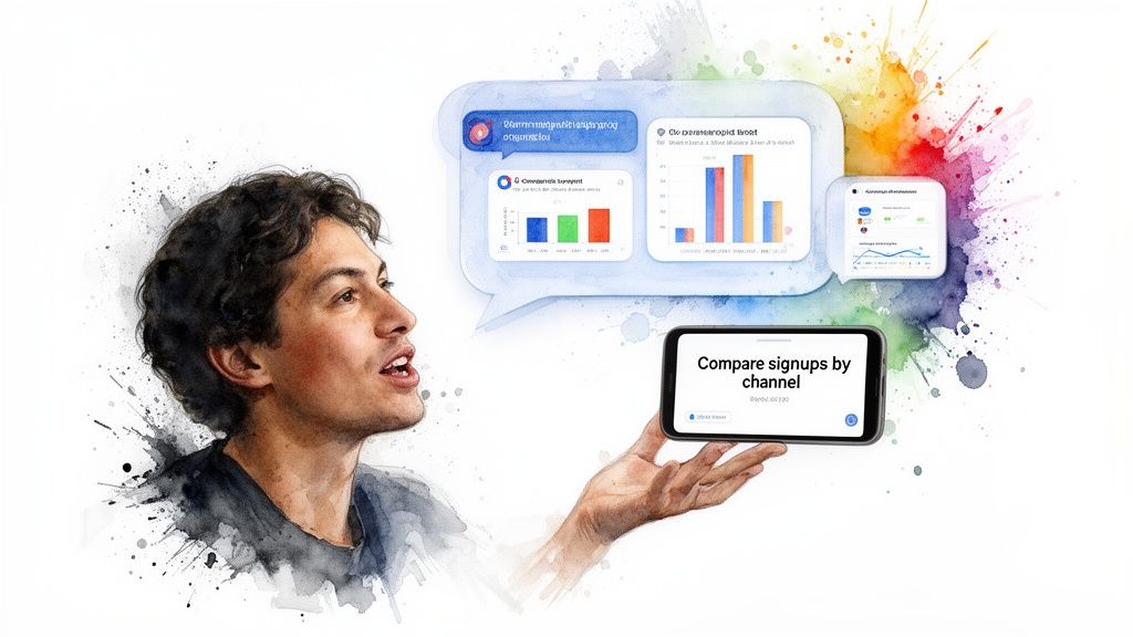 A man holding a phone with data charts, symbolizing data analysis and business insights.