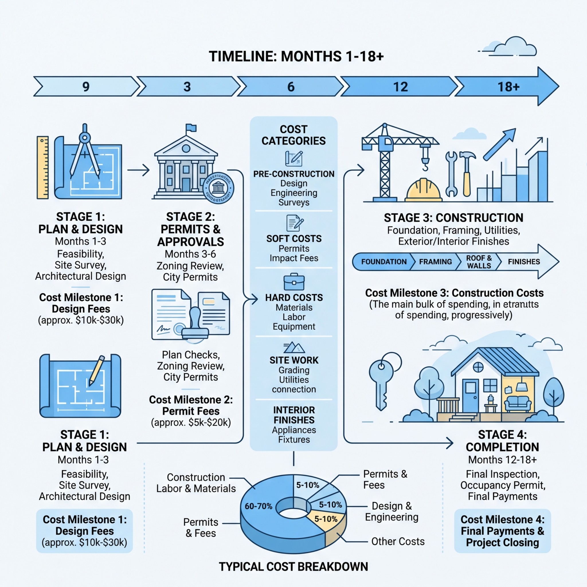ADU development process from design to completion with cost milestones and timeline