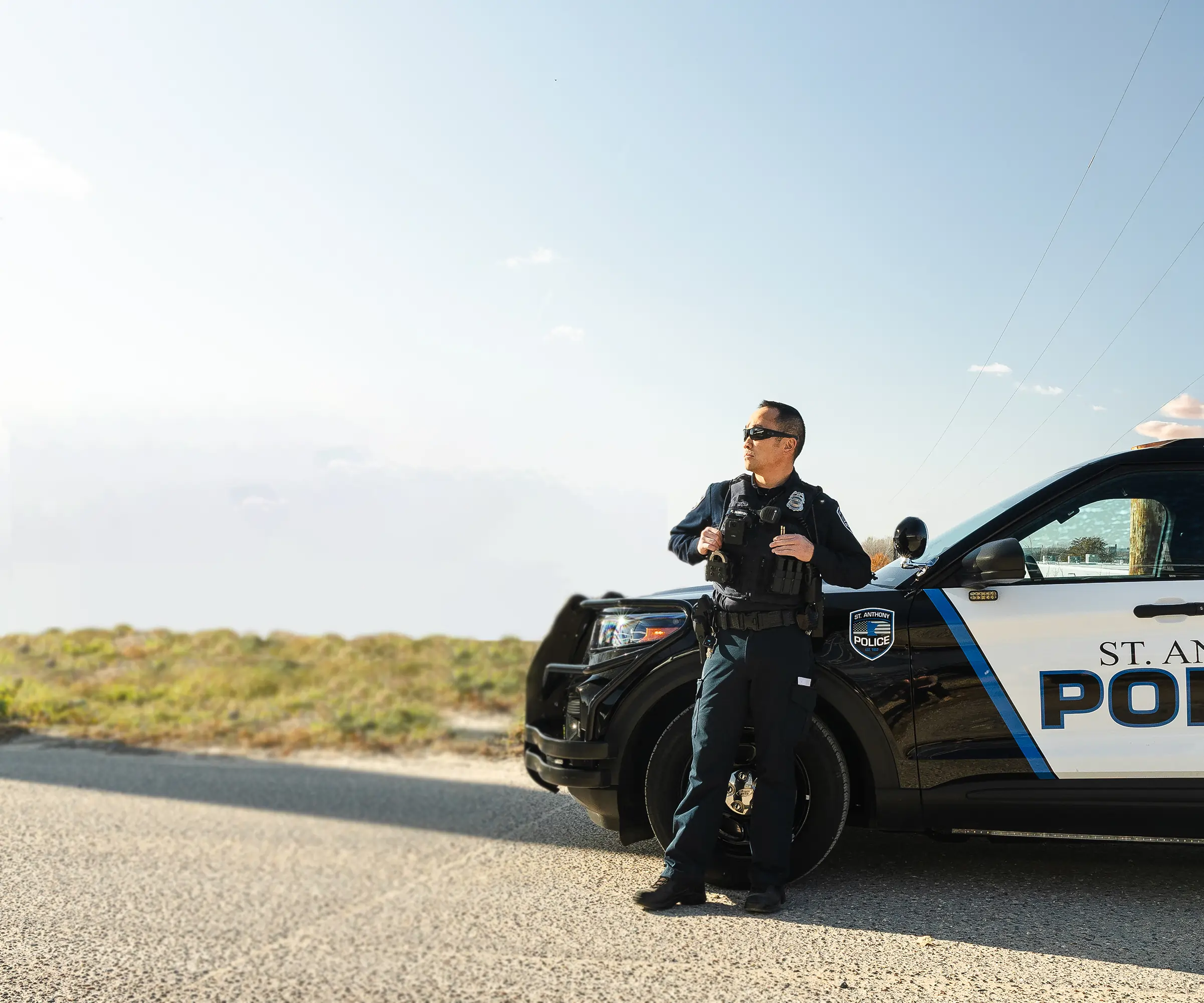 Ford Police Interceptor Utility with Guardian push bumper and active emergency lights, upfit by Guardian Fleet Safety