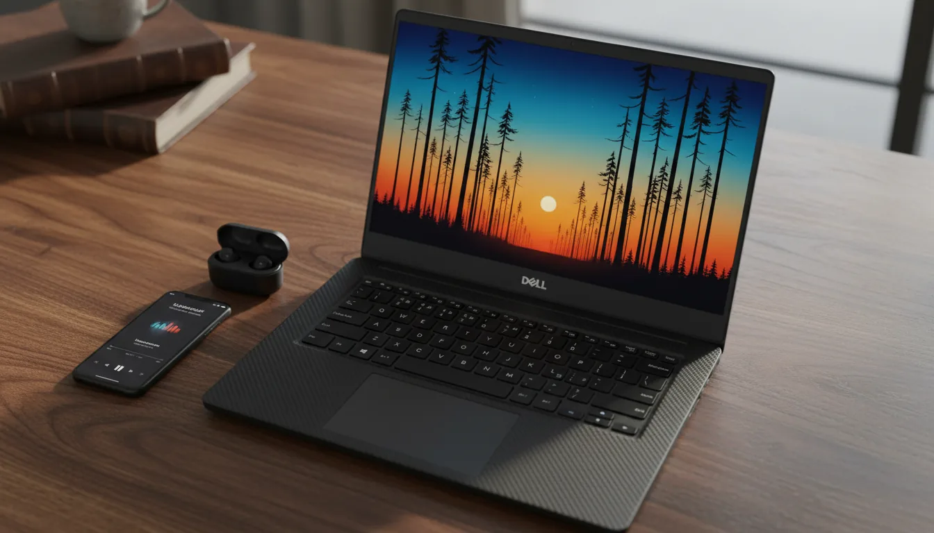 High-angle DSLR photograph of a premium black Dell XPS laptop with a carbon fiber textured palm rest, positioned on a dark, rich wood grain desk. The laptop screen is on, displaying a vibrant digital art wallpaper of a minimalist forest silhouette against a blue and orange sunset. A smartphone is placed to the left of the trackpad, showing a music player interface. A pair of black wireless earbuds in their open case sits on the desk. Soft, directional daylight illuminates the scene, with a shallow depth of field keeping the laptop in sharp focus.