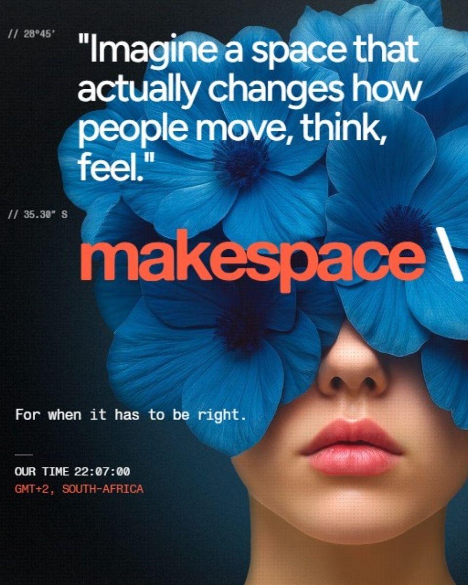 A woman with blue flower petals over her eyes, next to "makespace" & a quote about changing how people feel.