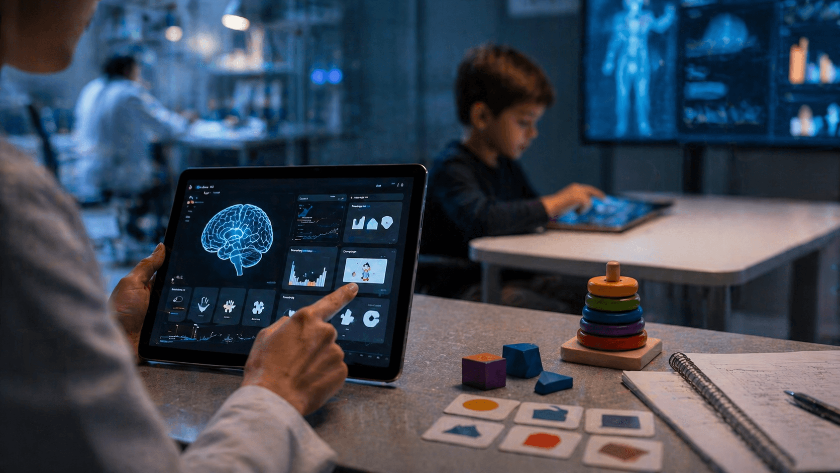 In a dimly lit futuristic classroom, a person interacts with a tablet displaying brain scans and data, while a child in the background uses a digital device, surrounded by educational toys and charts on screens, highlighting the use of technology in education.