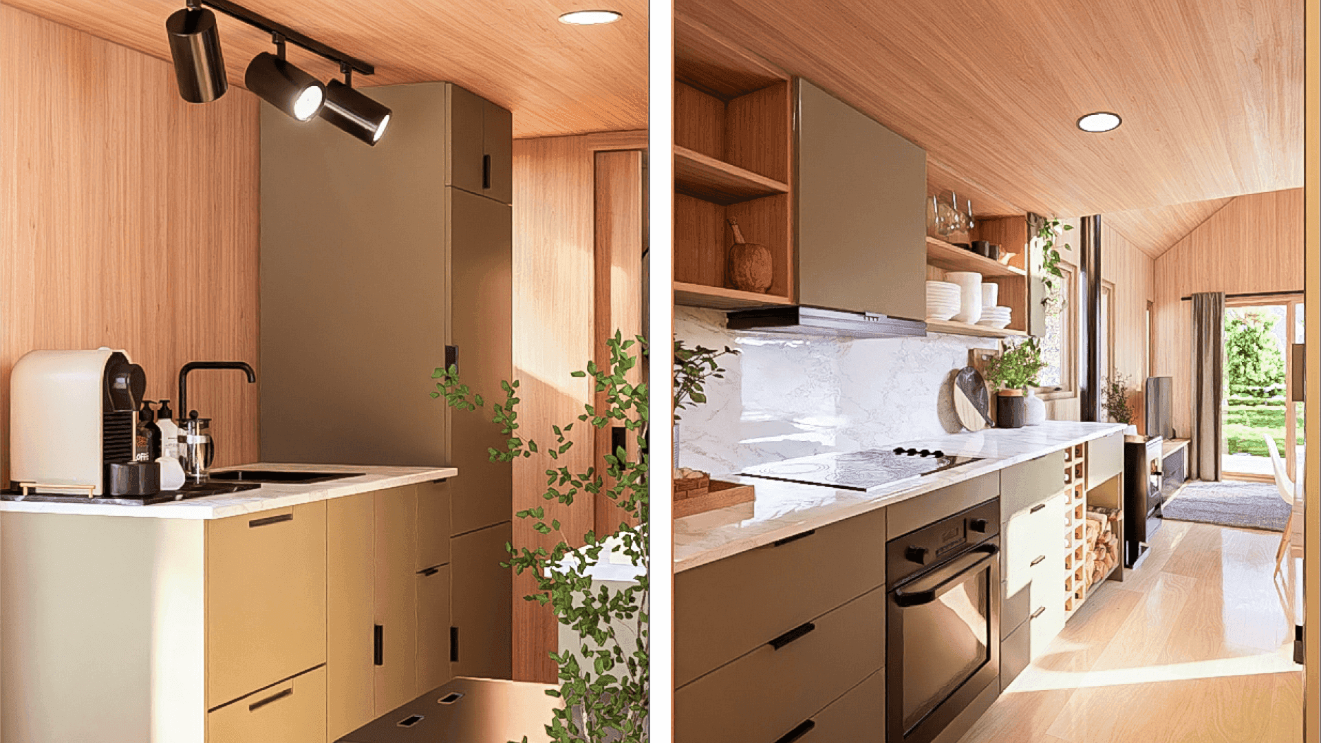 Green Tiny House with loft features a galley style kitchen layout, equipped with everything you need in a functioning kitchen