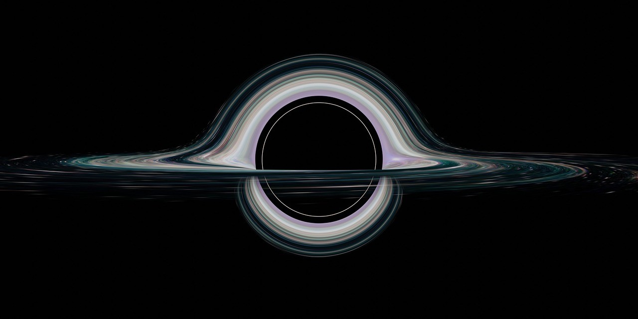 A rendered image of a black and event horizon