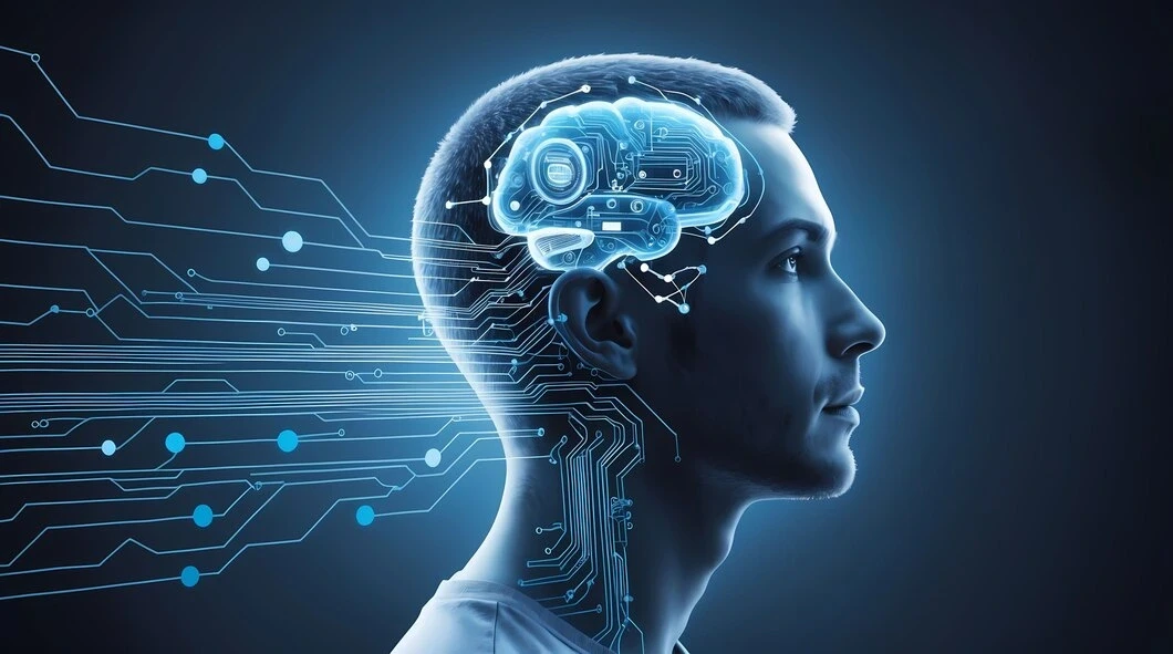 head of person in profile, fluid along the head and spreading in the air, robotic hand cchip and connections flowing from the head, dark blue gradient background, concept of creative mind