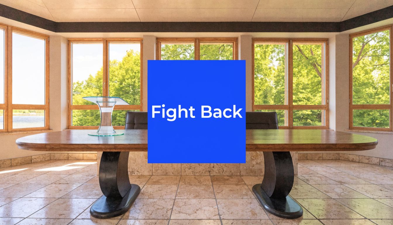 A modern boardroom with a large wooden conference table, chairs, and large windows overlooking green trees.