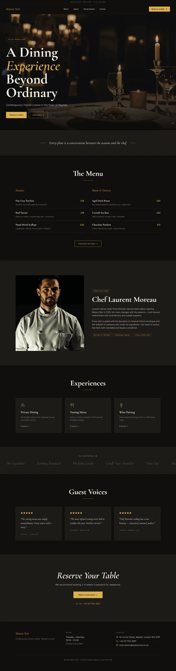 Restaurant website prompt full preview — near-black #0c0b0a background with warm gold #d4a853 accent, Cormorant Garamond 700 hero headline anchored to bottom of full-bleed dish photo with composition-independent gradient overlay, centered philosophy quote flanked by animated gold horizontal rules, two-column menu teaser with dish names and gold prices, and continuous Cormorant italic press publication marquee strip