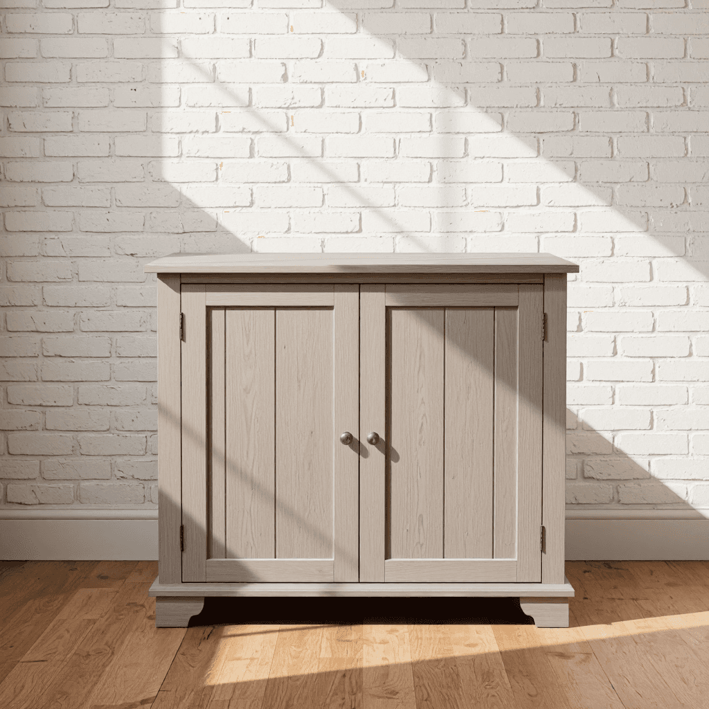 product photography of a wooden storage cabinet with a top surface for decorative items