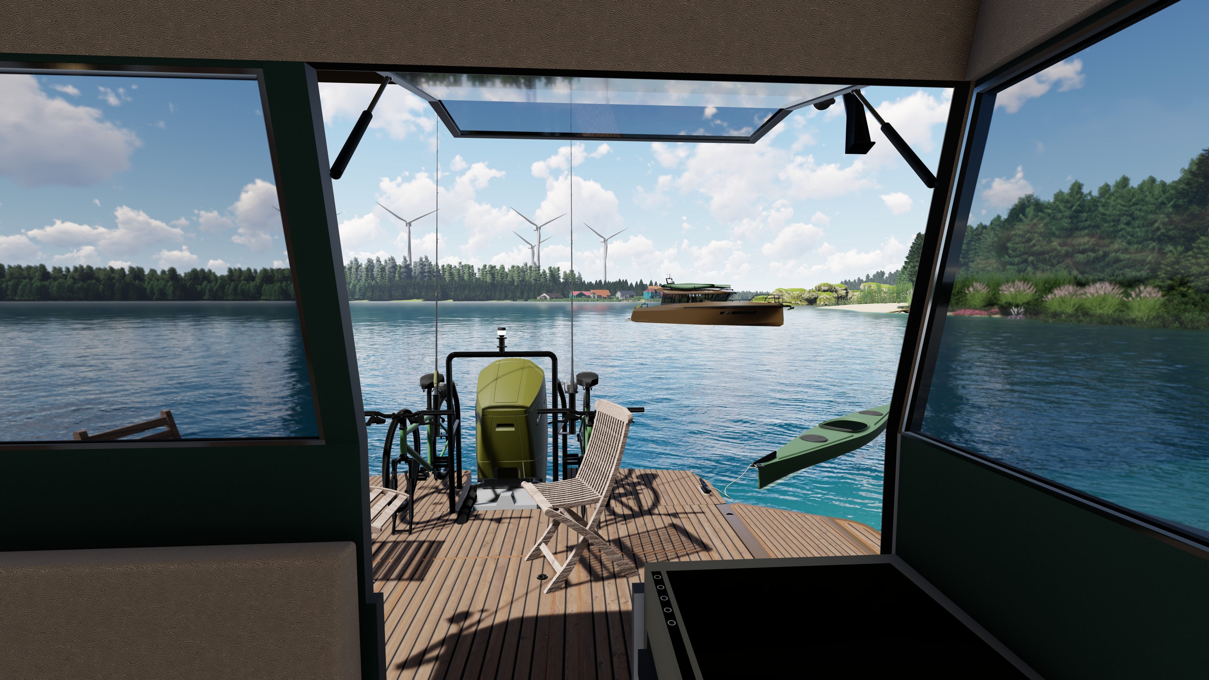 3D rendering of a custom motor yacht, showing sophisticated deck plans, ergonomic interiors, and innovative naval architecture design.