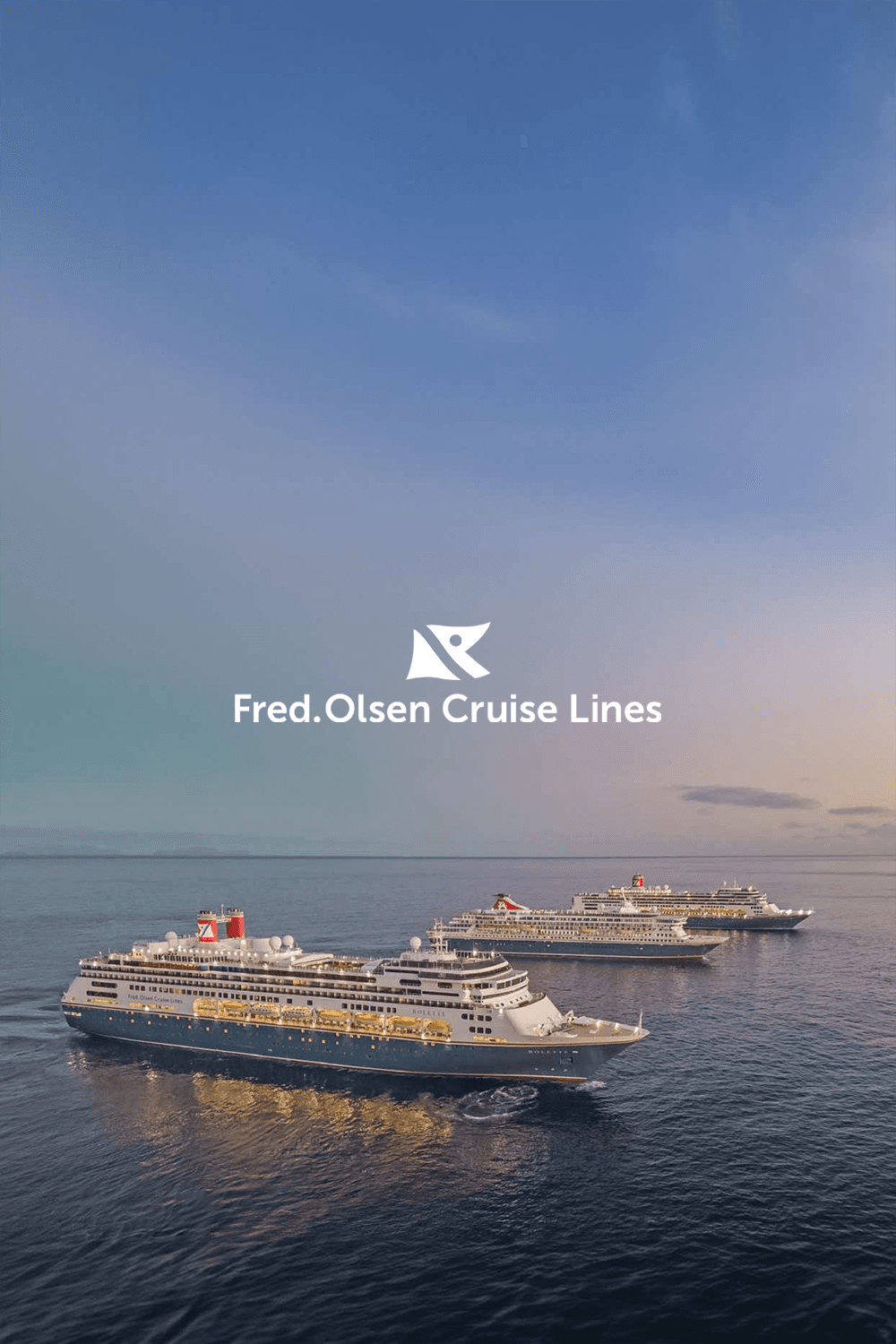 Ocean view with a whale breaching near snow-capped mountains. Logo reads “Fred Olsen Cruise Lines” in white text with a wave design. 