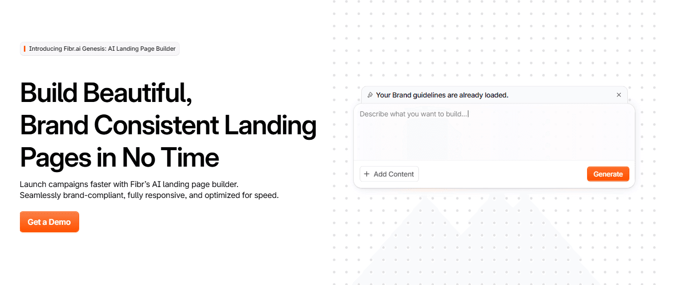 AI landing page builder interface for creating brand-consistent personalized pages without developer support.