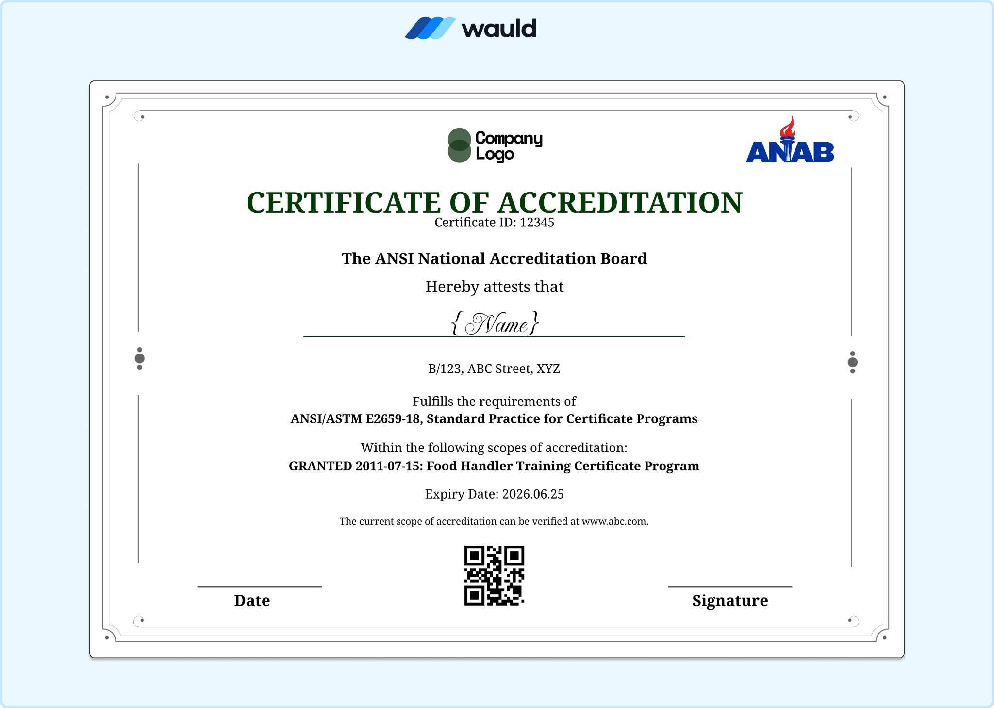 Clean silver bordered certificate of accreditation template with recipient name field, accrediting board details, standard practice reference, granted scope, certificate ID, expiry date, QR code, and signature line
