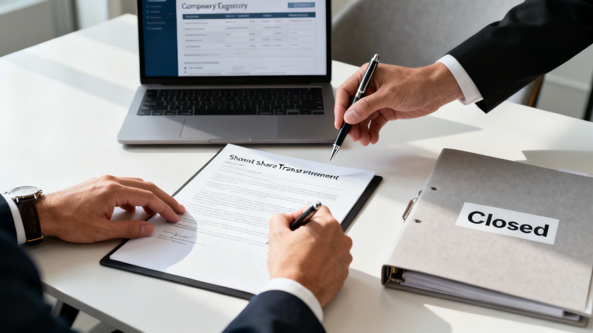 Two business professionals signing a share transfer agreement with a laptop and 'Closed' folder on a desk.