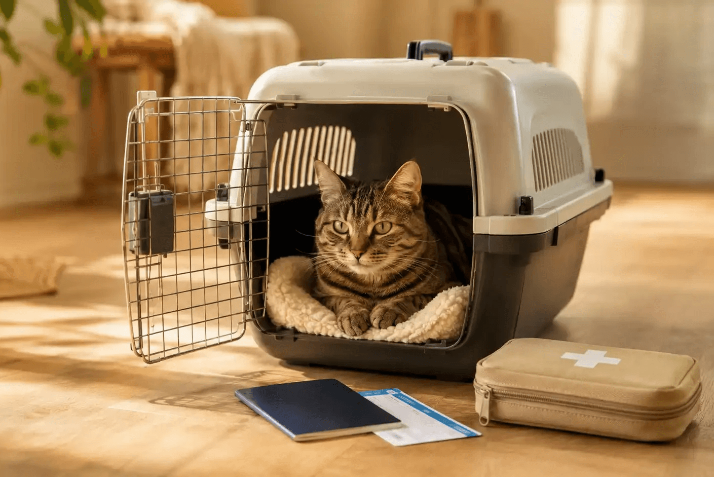 A cat safely secured in an IATA-approved travel crate ahead of a flight, representing Noble's pet relocation support in Dubai
