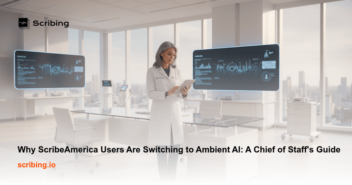 Illustration representing hospitals transitioning from human medical scribes to ambient AI documentation technology