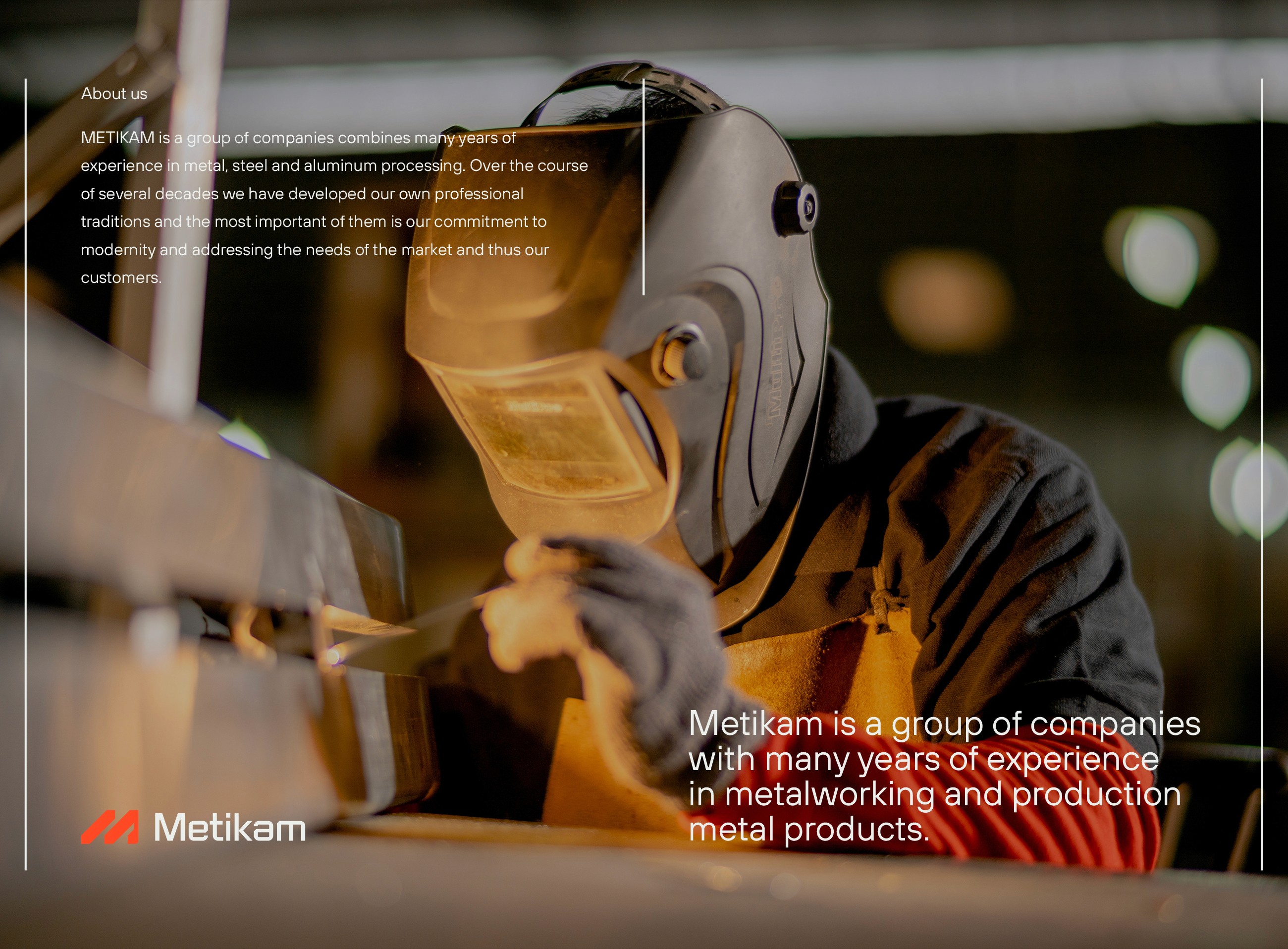 Metikam About us presentation slide with a welder photo and brand statement, corporate identity design