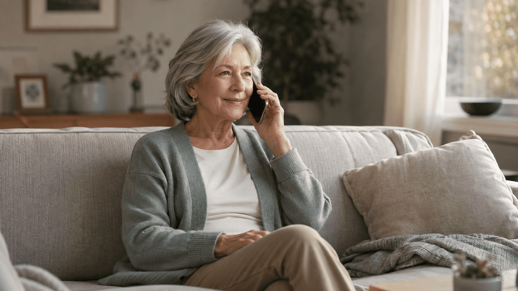 An older woman sits comfortably on her couch, smiling during a phone conversation.