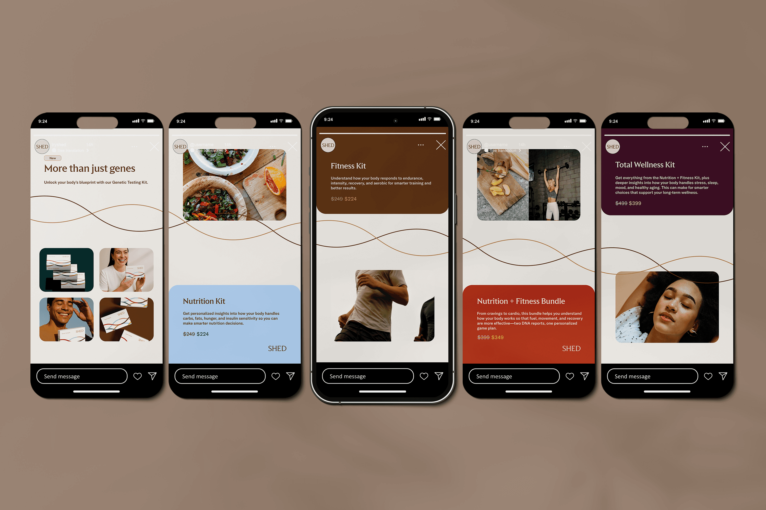 Five smartphones displaying a social media stories.