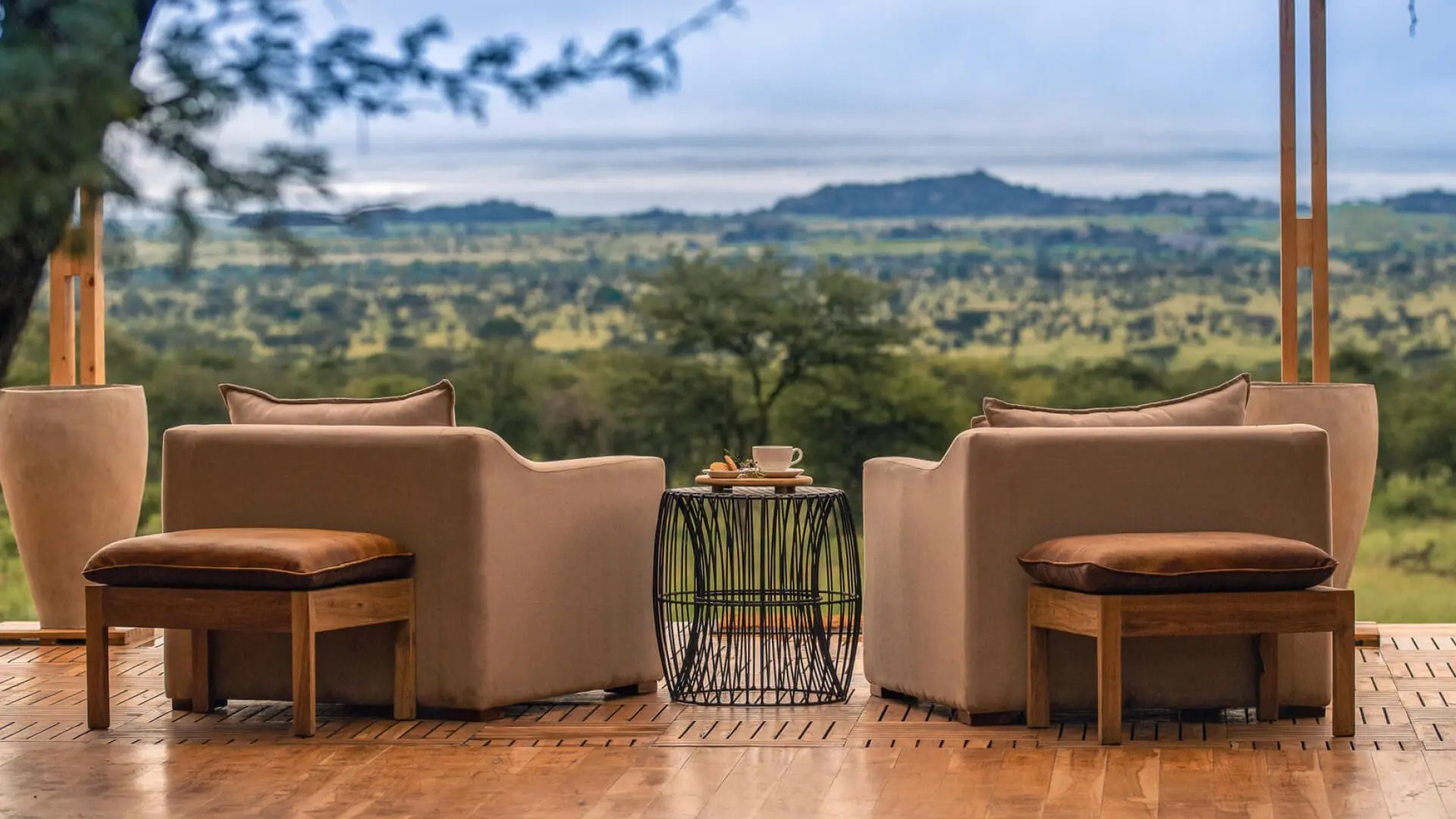 A view across the Serengeti plains from the main area at Dunia Camp.