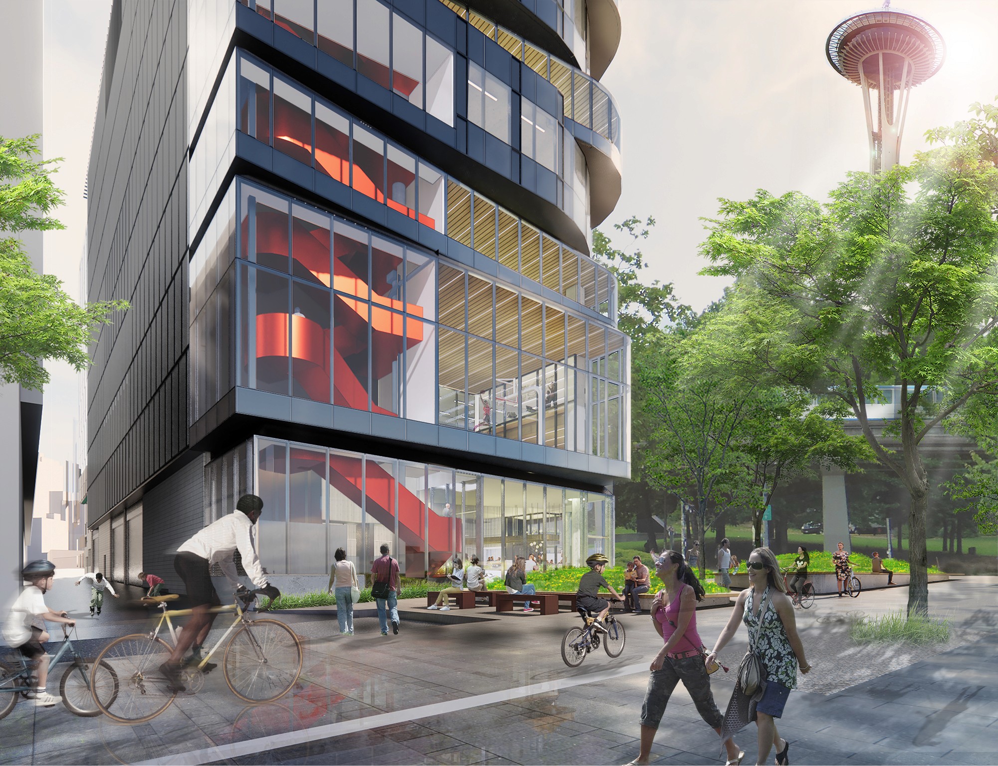 Street-level view of the northern facade, featuring a vibrant, coral sculptural stair and dynamic amenity spaces, with the Space Needle prominently visible in the background.