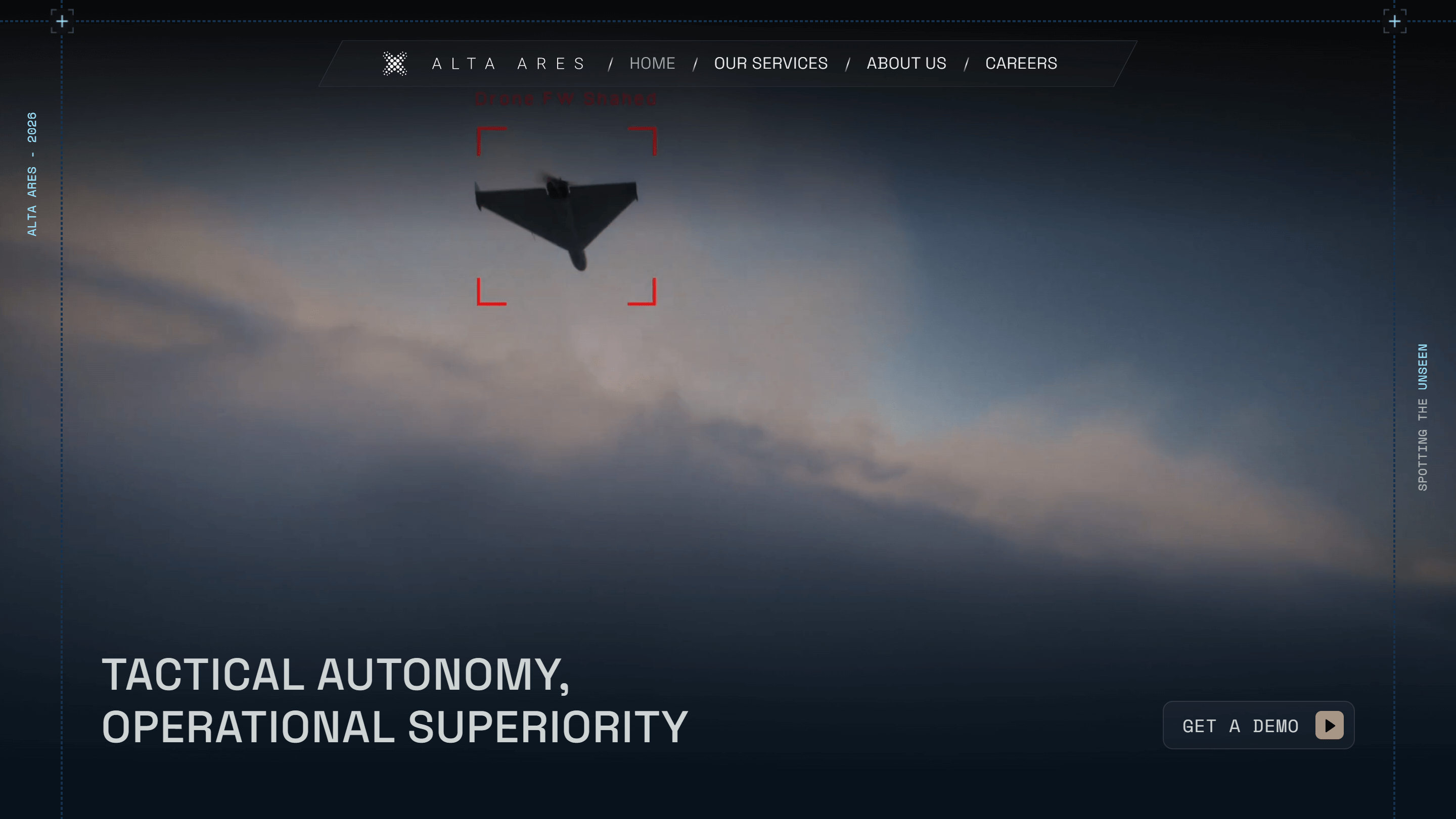 Hero section of Alta Ares defense website showing an autonomous drone tracked through a tactical interface