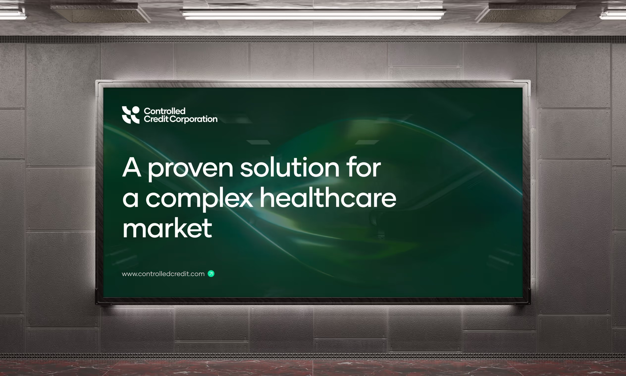 Billboard mockup displaying Controlled Credit Corporation's brand message for the healthcare market with a professional design.
