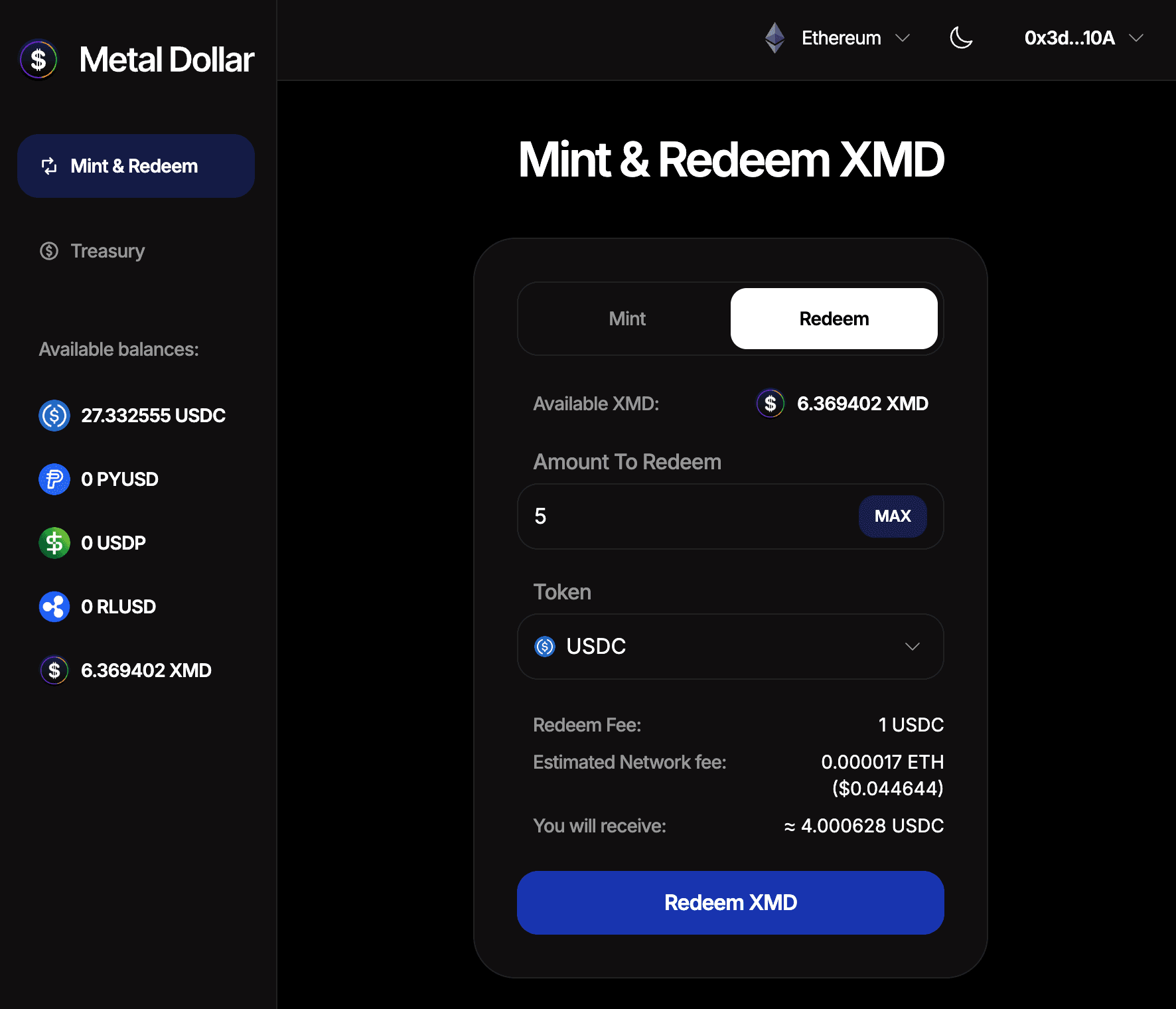 Metal Dollar redeem interface on Ethereum showing XMD being redeemed for USDC