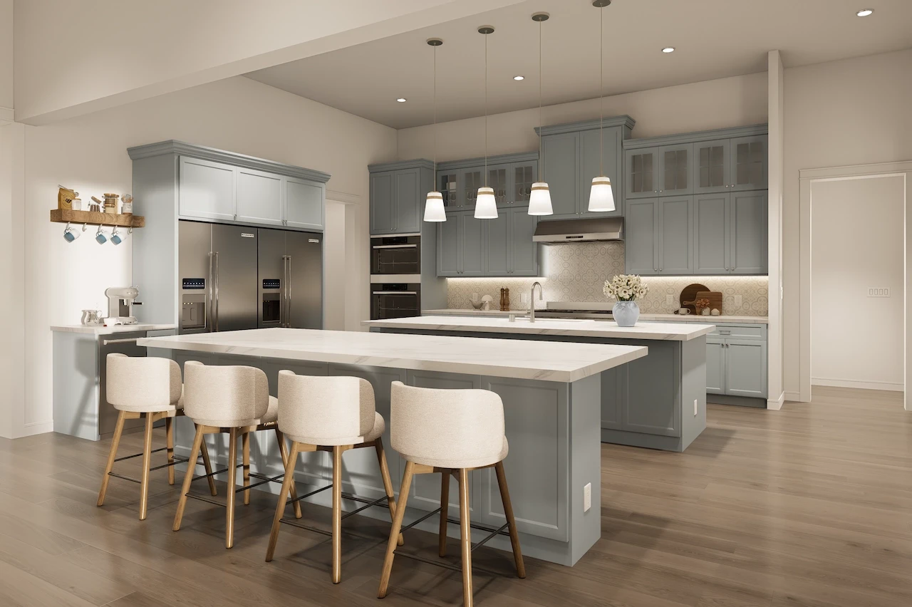 Photorealistic 3D render of a luxury kitchen with a double island, pendant lights, and light blue cabinetry. Created by 3D CBA.