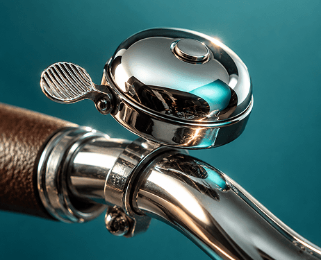 Chrome bicycle bell on a handlebar, turquoise background