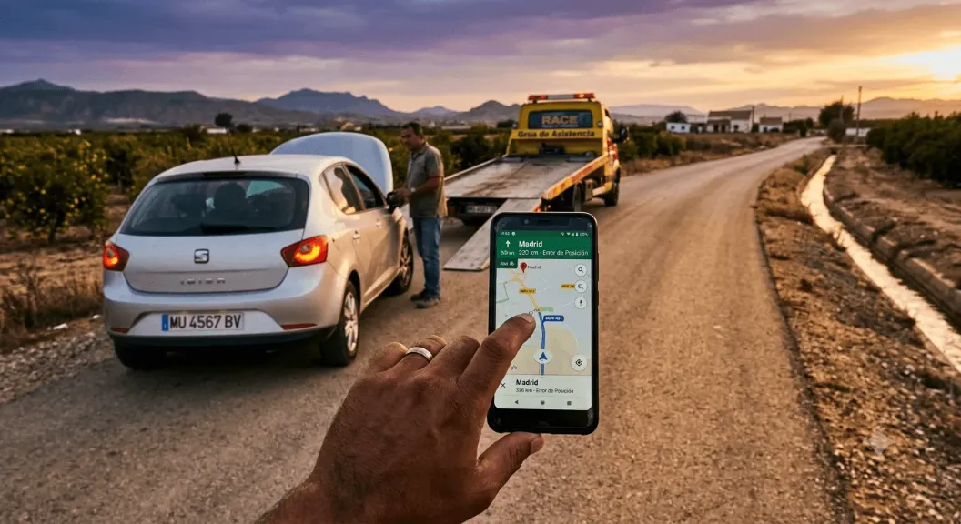 Asistencia en carretera de grúa a coche averiado en Murcia bajo una póliza de seguro con datos de localización incorrectos.