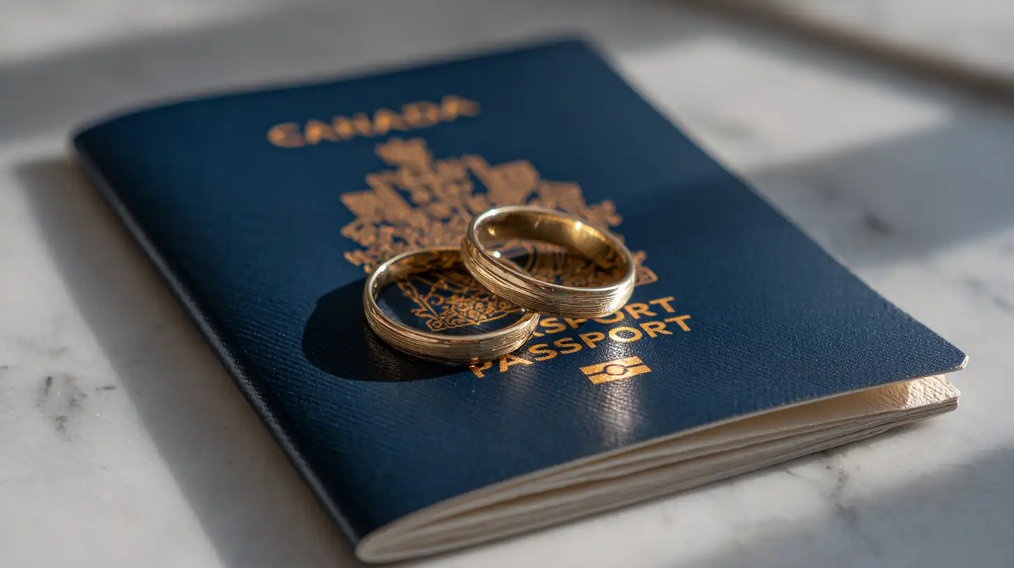 Two golden rings lay on Canadian passport.