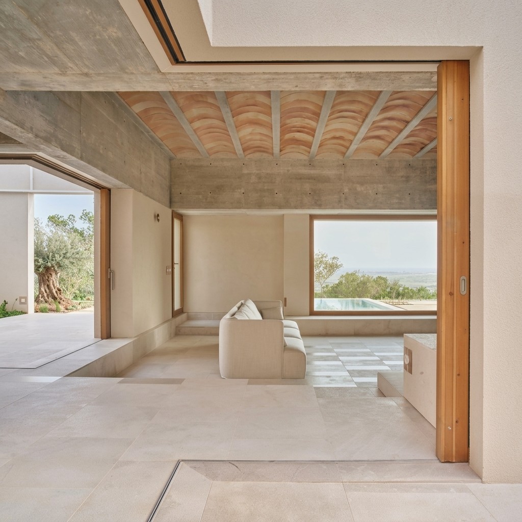 Modern living room with exposed concrete beams, a vaulted terracotta ceiling, and large glass doors framing a view.