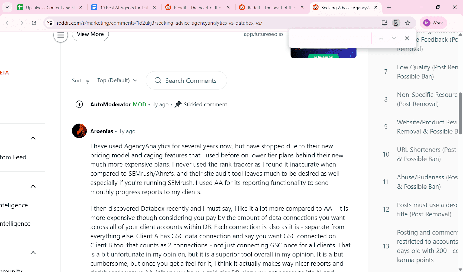 Reddit discussion comparing AgencyAnalytics and Databox, with an agency user describing pricing changes, feature limitations, and reporting trade-offs
