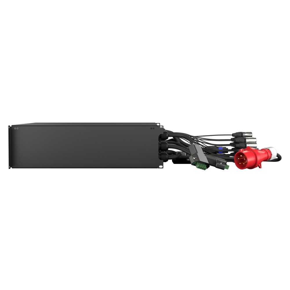 Black rackmount unit with multiple cables and connectors
