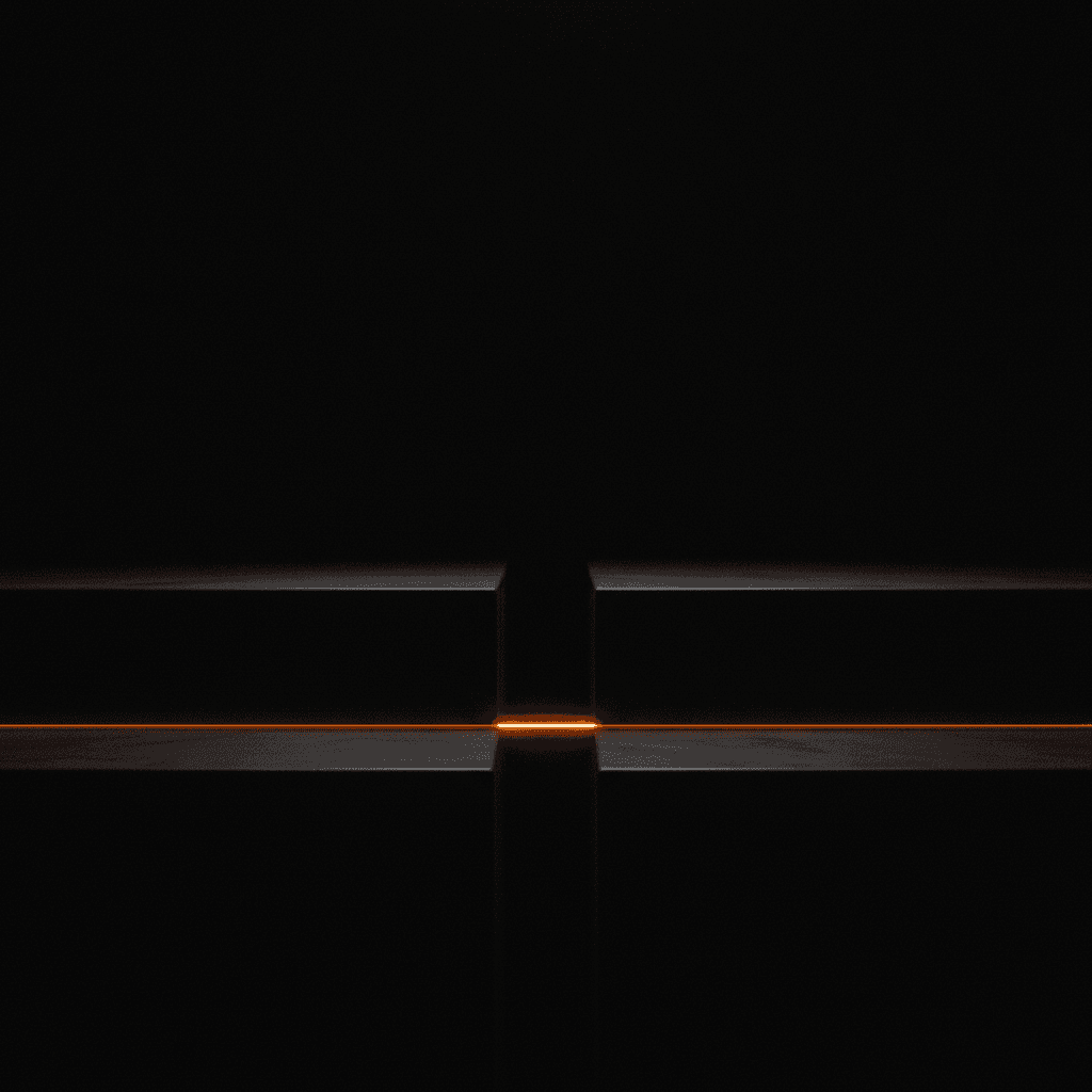 A single thin orange seam of light traversing layered black architectural planes receding into deep shadow