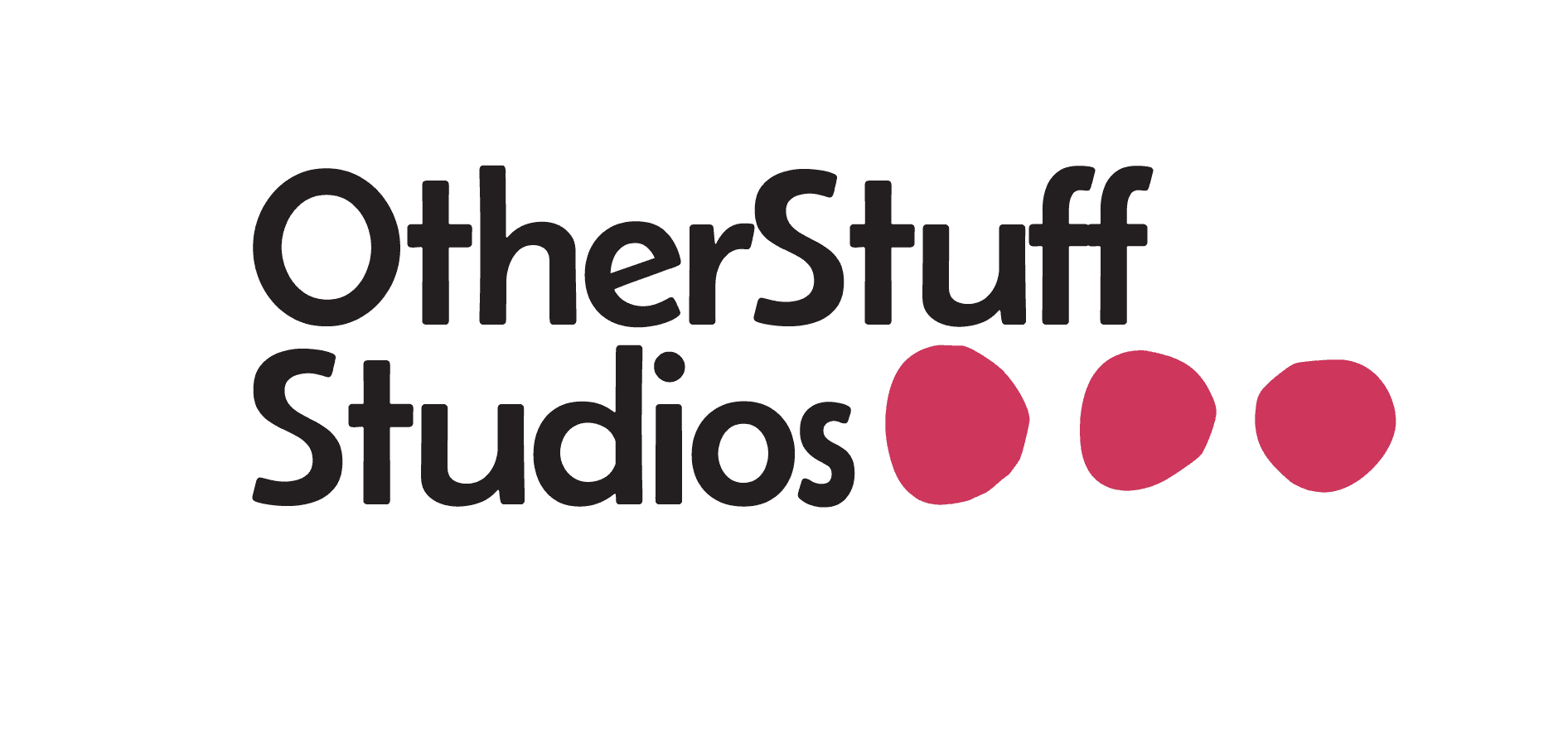 site logo with the name "Other Stuff Studios" in dark grey and 3 slightly different spherical red shapes at the end.