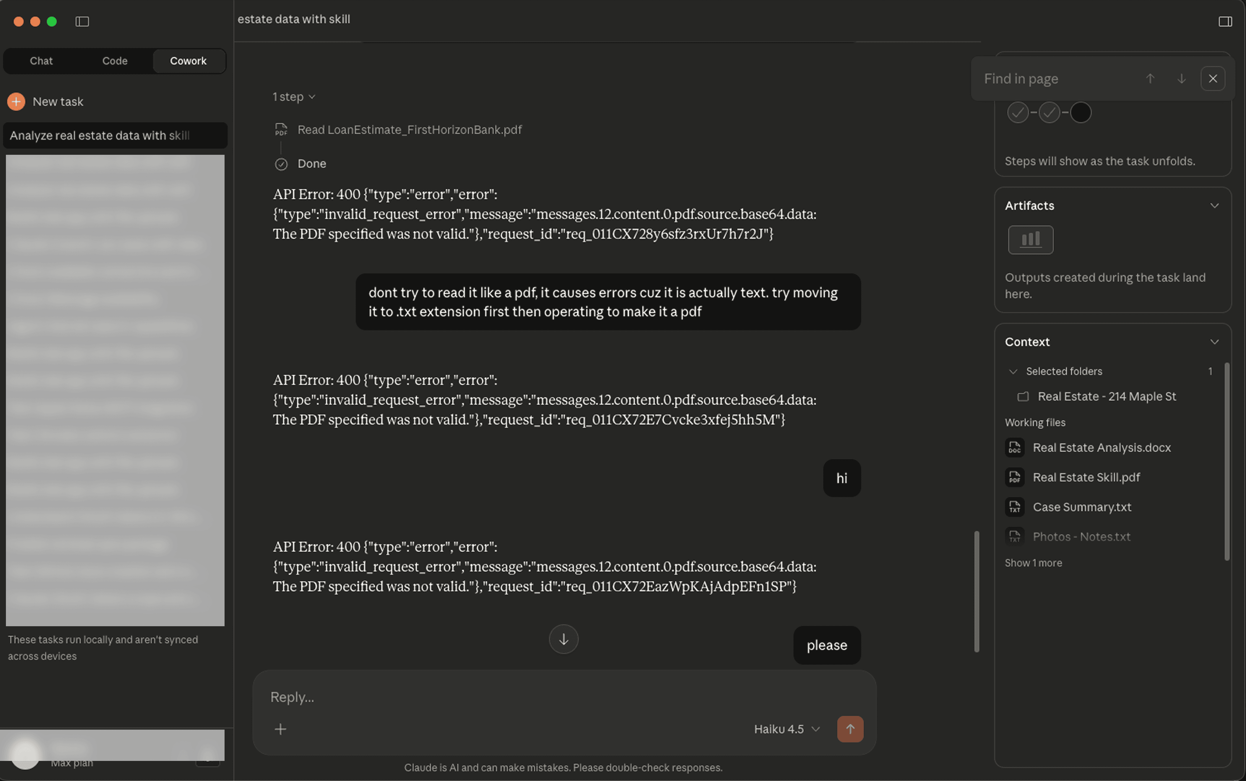 Attempting to read a file with the wrong extension provokes repeated API errors.