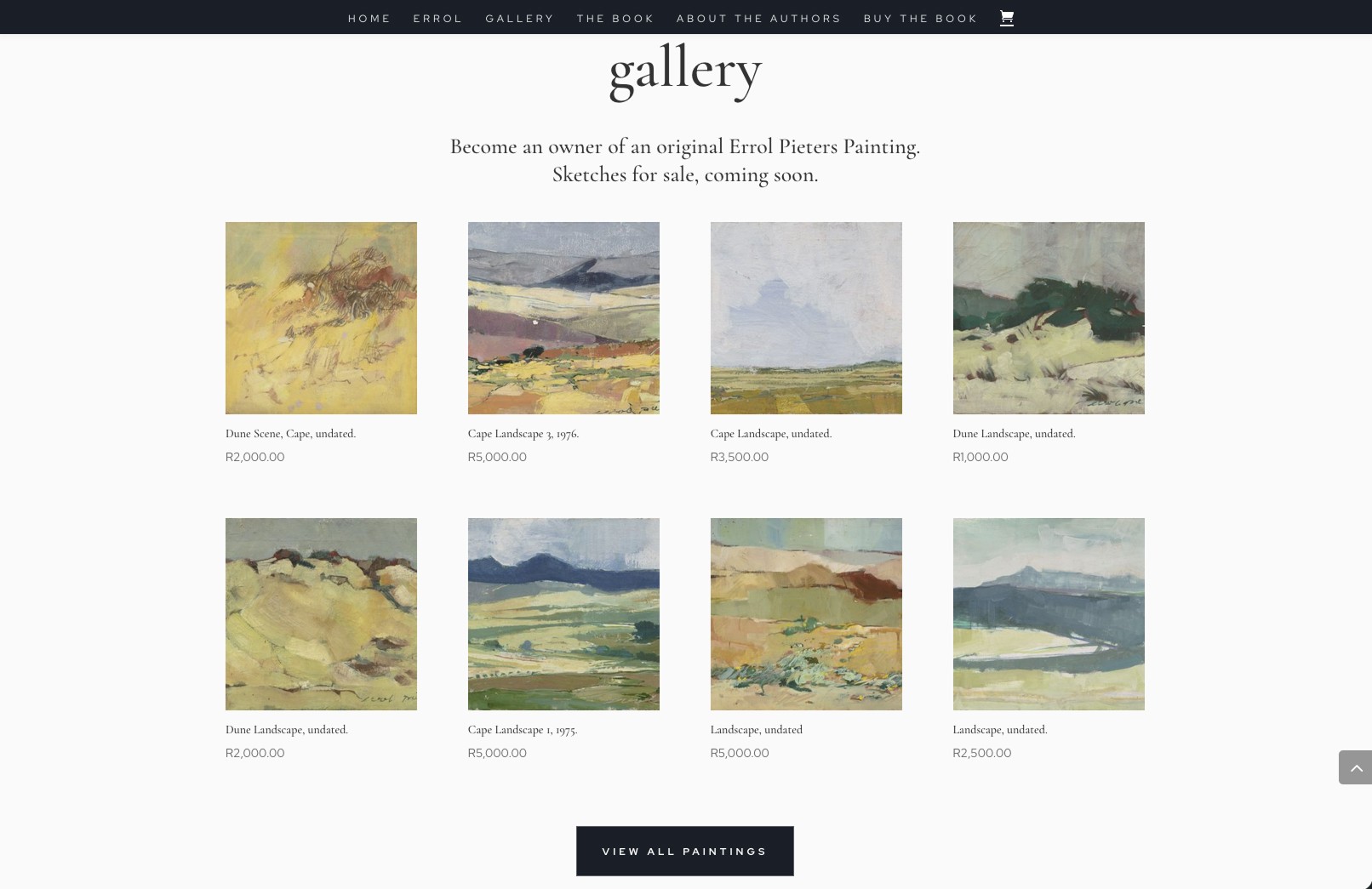 The gallery displays available paintings in a crisp, browsable layout that makes exploring his work effortless.