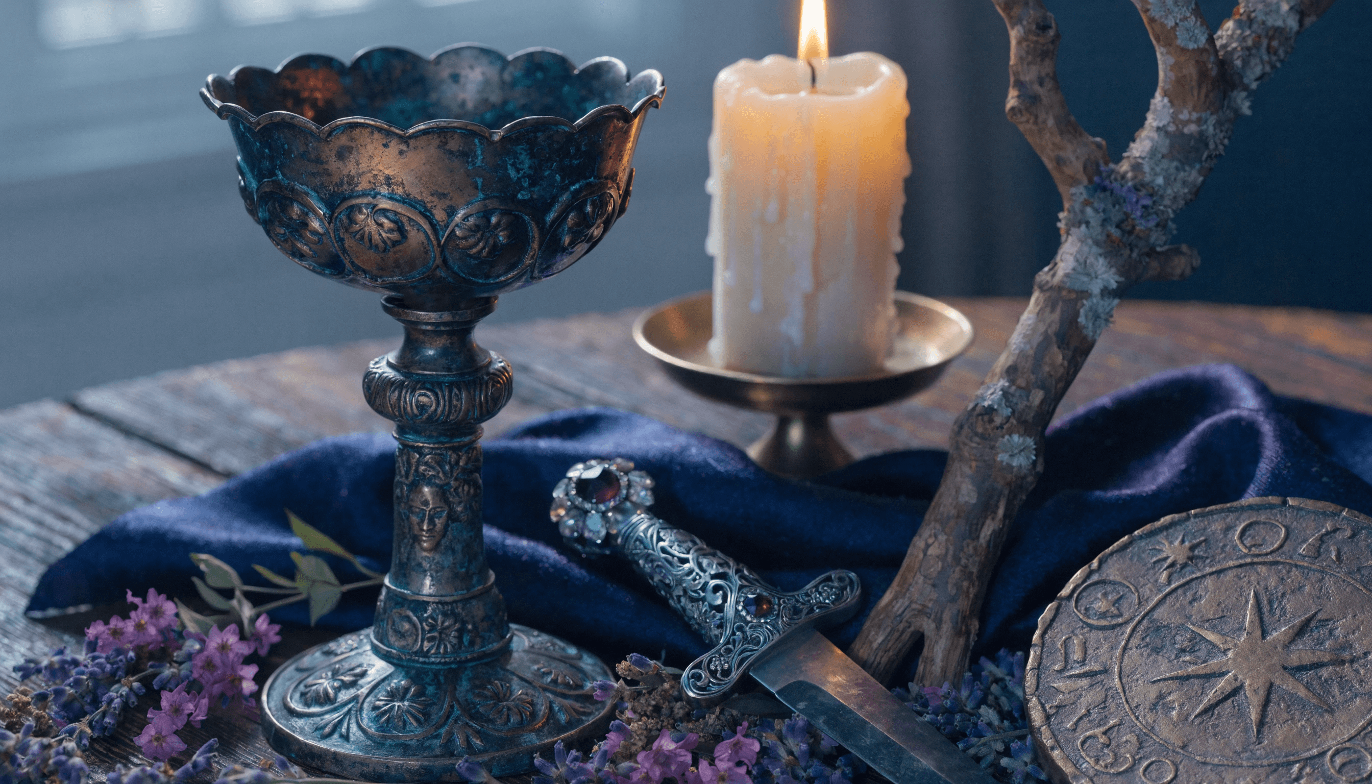 A cinematic, hyper-realistic 8k photograph of a collection of mystical artifacts on a heavy dark wood table. An #8C7D64 Aged Bronze chalice (Cups), a small silver-hilted dagger (Swords), a natural wooden staff (Wands), and a heavy bronze coin (Pentacles).