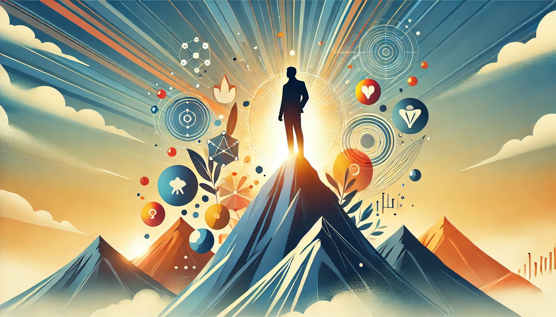 Abstract cover image depicting a silhouette on a mountain peak at sunrise, symbolizing leadership skills with floating geometric shapes.